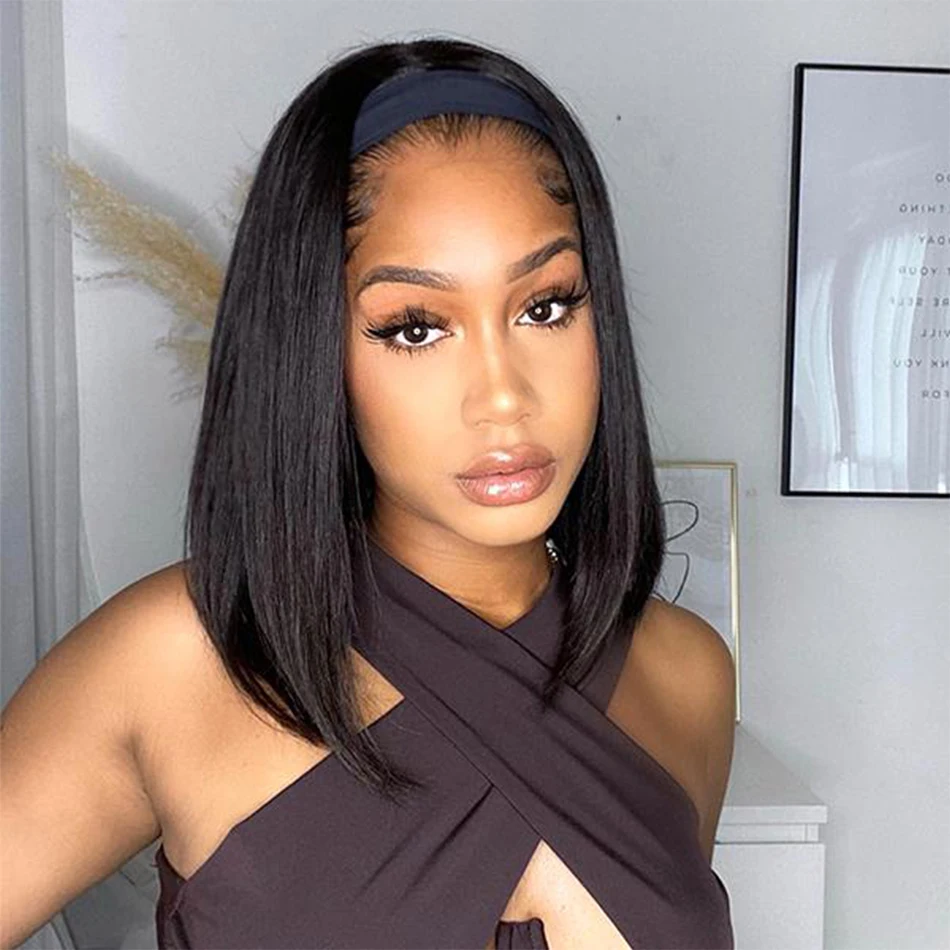 Perruque Courte Carré Noir Naturelle Cheveux Humains - Avec Bandeau + Cadeau - Neuf Sans Étiquette