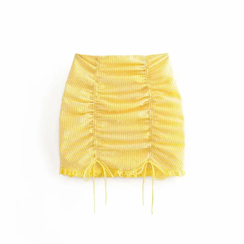 Комплект из двух предметов для женщин Лидер продаж Лето Тюль укороченный топ Вышивка выдалбливают ruched желтый классический хлопок мини юбка