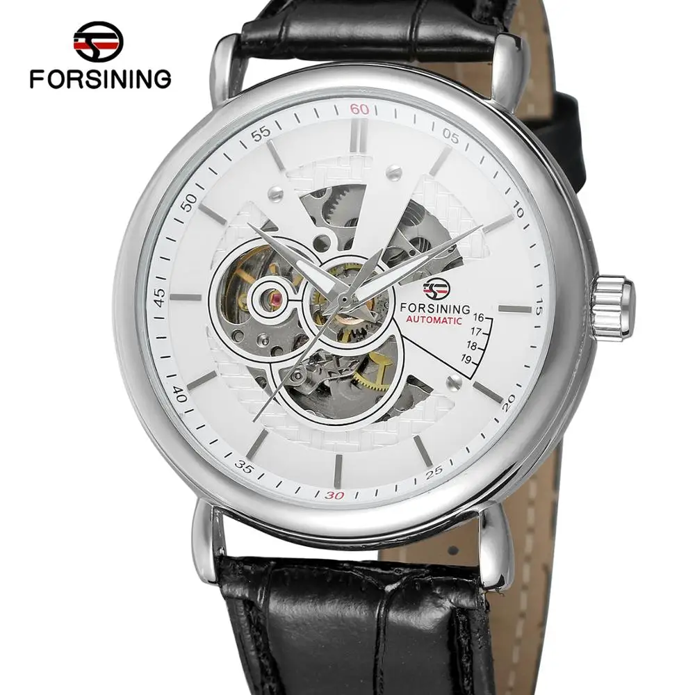 

FORSINNING fashion trend casual man woman watch white dial silver case black strap with noble simple automatic mechanical watch