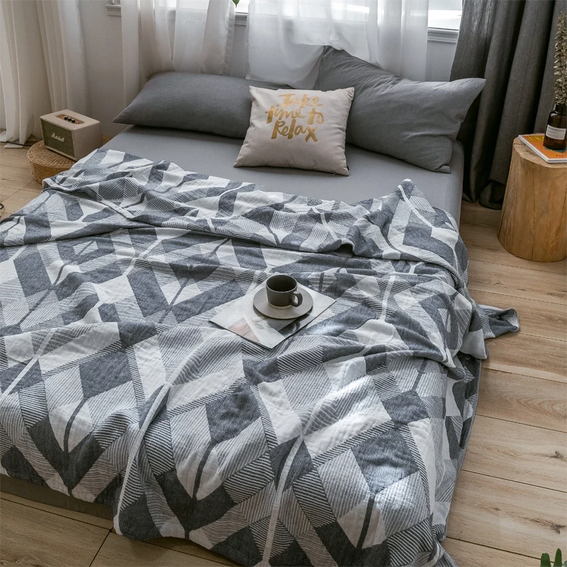 

Summer Blanket Cotton Air-conditioning Quilt Printing Soft Breathable Blanket Thin Stripe Plaid Comforter Washed Bed Cover Kids