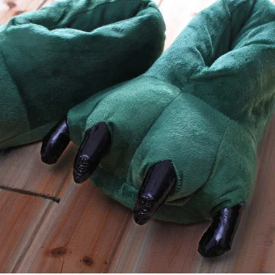 Фланелевая сиамская Пижама с динозаврами; обувь с лапами; домашняя обувь из кораллового флиса с рисунком динозавра; плюшевые тапочки с милым стежком; тапочки с Пикачу - Цвет: Dark green