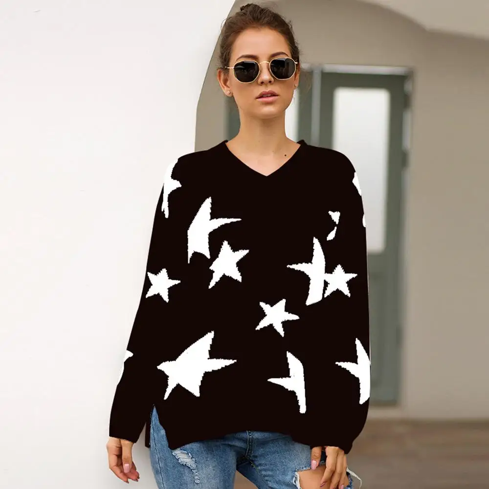 

Casual Star Printed Sweater Women V-Neck 2019 New Fall Winter Long Sleeve Knit Loose Pullovers Jumper Sexy Oversized Sweaters
