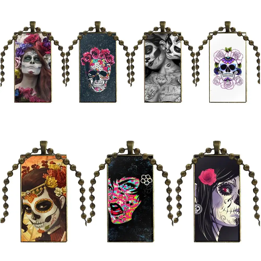 Art Beautiful Skeleton Flower Skull Lady Design Fashion Vintage Glass Women Rectangle Necklace Pendants | Украшения и аксессуары