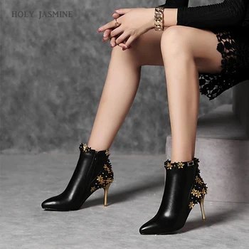 

HOT New Genuine Leather Fashion Boots Spring/Autumn Rivet Electroplating Heel Women Boots Flower Pattern High (5cm-8cm)
