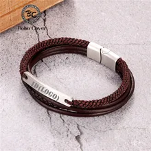 Multi Layer Braided rope Leather Bracelets for Men Women ID Brand Stainless Steel Bar Bangles Casual Personalized Pulseira Gifts