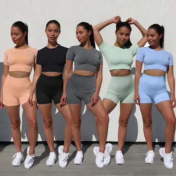 

Short sleeve zipper O neck elastic sexy crop tops shorts 2-pieces 2020 summer autumn women fashion casual sports sets