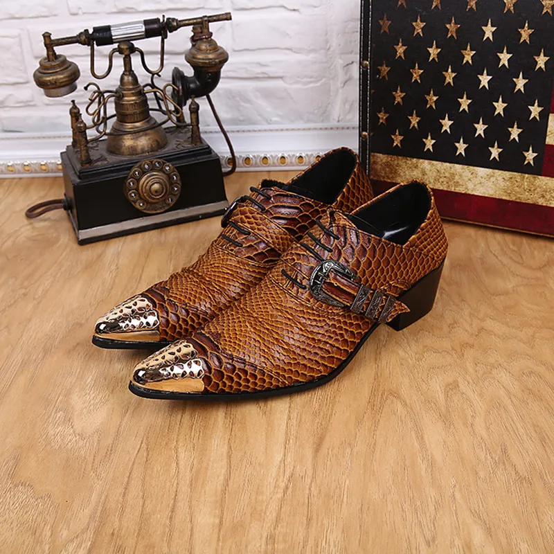 

Original Brown Mid Heel Pointed Toe Men Oxfords Shoes Plus Size Business Real Leather Brogue Shoes Man Party Banquet Dress Shoes