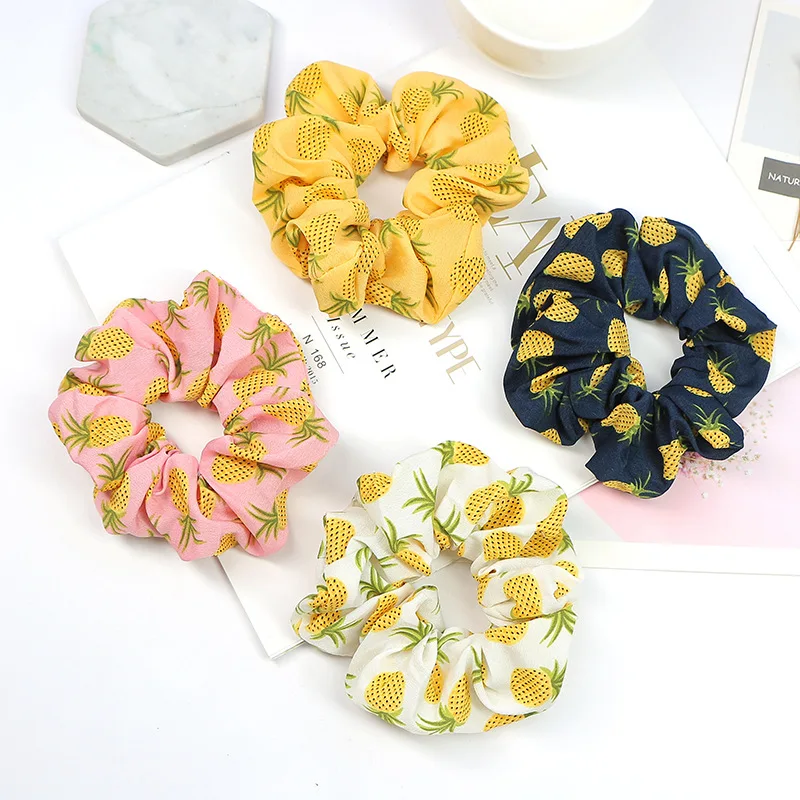 

New Ladies Lovely Pineapple Fruit Print Chiffon Hair Scrunchies Stretch Elastic Ponytail Boho Hair Band For Daily Holiday