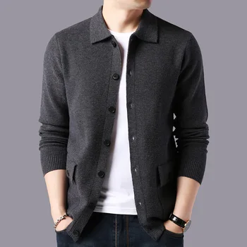 

2019 New Autumn and Winter High-grade Knit Cardigan Men's Sweater Coat Slim Wool Bottoming Shirt Solid Casual Turn-down Collar