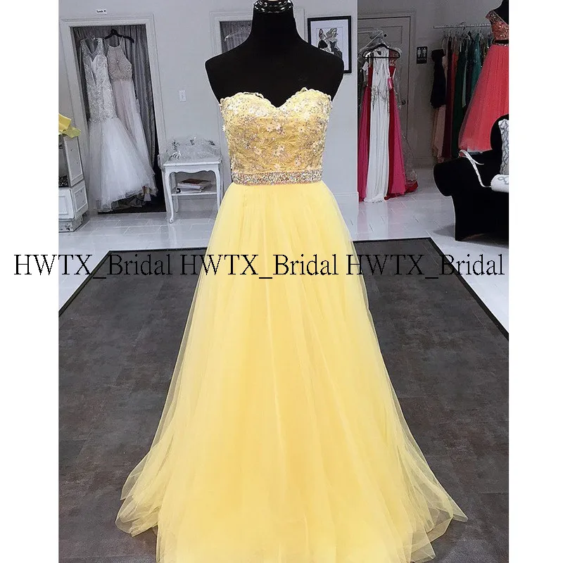 HWTX_Bridal Желтые Длинные платья для выпускного вечера элегантное Тюлевое платье без рукавов с милыми цветами из бисера ТРАПЕЦИЕВИДНОЕ длинное вечернее платье