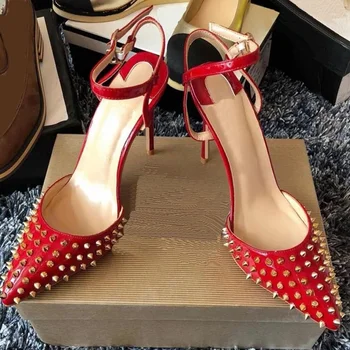 

Sexy Red Rivets High Heel Dress Shoes Ankle Strap Pointed Toe Spikes Celebrating Shoes Leopard Heels Shallow Pumps Women Shoes