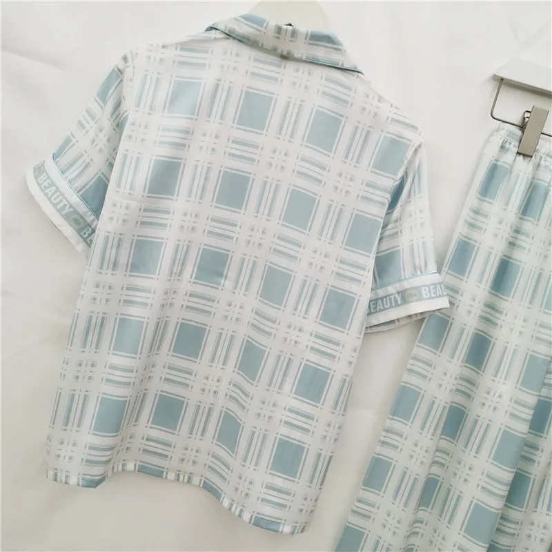 Summer New Pajama Set Women's Ice Silk Short-sleeved Trousers Simple Suit Plaid Ins Nightwear