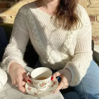 

Women sweater Hollow Out O Neck Knitted Pullover Casual White sweater Tops 2020 New