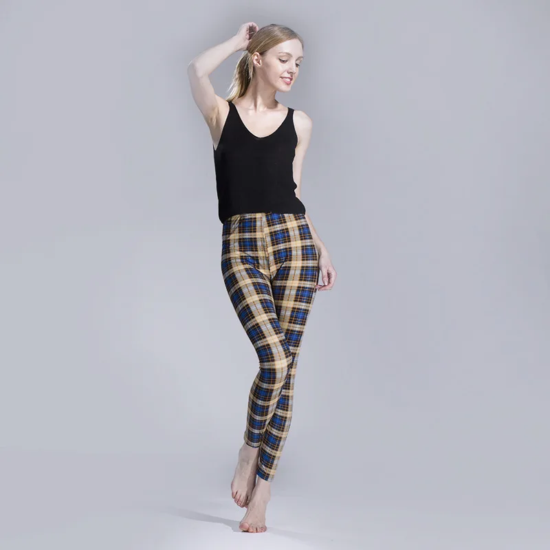 

New super soft butter quality Sexy fashion lady comfortable fit curve Yellow blue checkered stripe pattern leggings