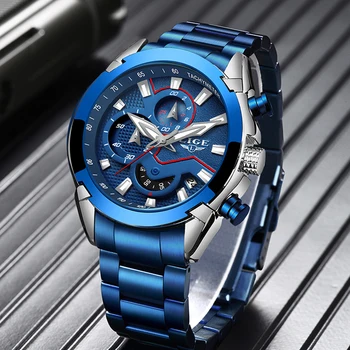 

LIGE Fashion Blue Watch Men Luxury Quartz Wristwatch with Stainless Steel Waterproof Chronograph Sports Watch Male Clock Relojes