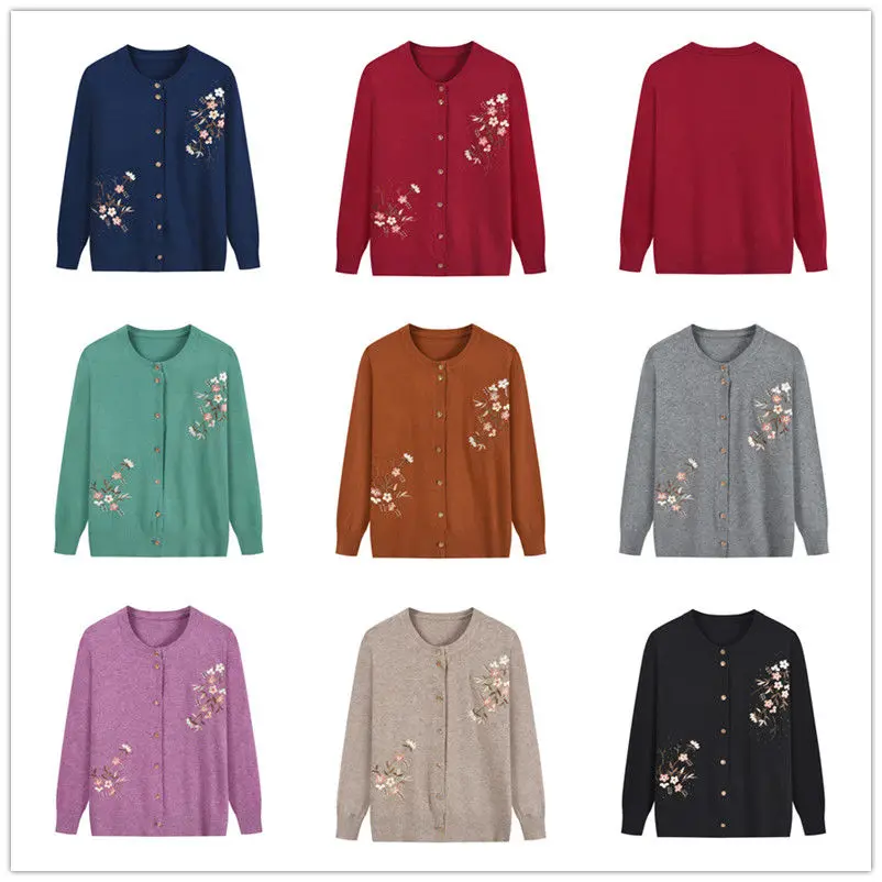 Spring Autumn Thin Knit Cardigan Jackets Grandma Embroidered Long Sleeve Sweater Outerwear Plus Size Short All-match Women's Top