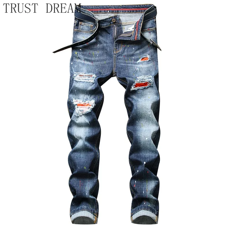 Мужские джинсы в европейском стиле 2020 рваные пэчворк с дырками Джинсовые штаны