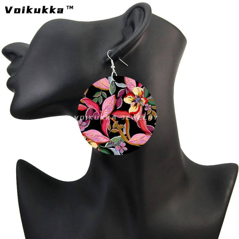 Voikukka Jewelry Hot Sale 6 CM Circle Both Sides Printing A Painted Floral Pattern Wooden Drop Dangle Women Earrings For Gifts Voikukka Jewelry Hot Sale 6 CM Circle Both Sides Printing A Painted Floral Pattern Wooden Drop Dangle Women Earrings For Gifts