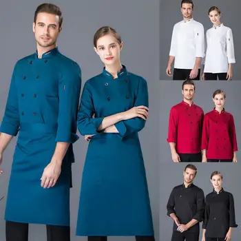 

Unisex Long Sleeve Solid Chef Coat Embroidery Stripes Stand Collar Baking Jacket