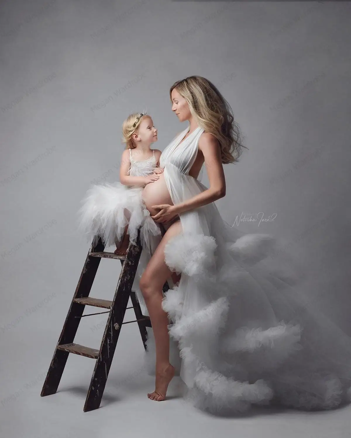 White Tulle Maternity Robes With Bow Ruffled