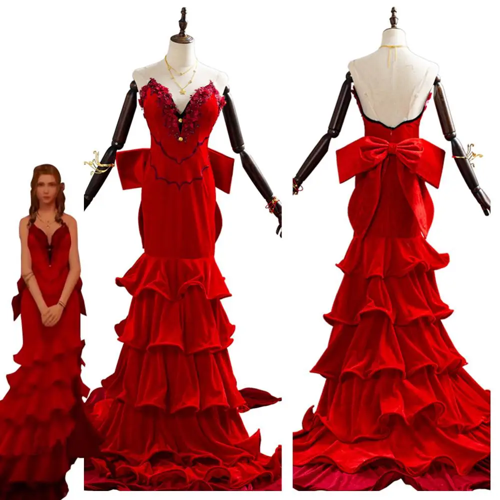 FF 7 Final Fantasy VII Aerith Gainsborough Cosplay Costume Girls Red Dress 