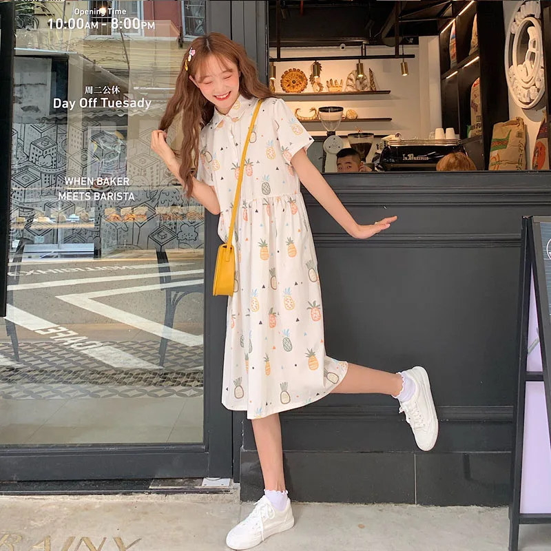 

Japanese Preppy Style Summer Women Fresh Dress Cute Kawaii Fruit Girl's Dress Turn-Down Collar Pineapple Printed Loose Dresses