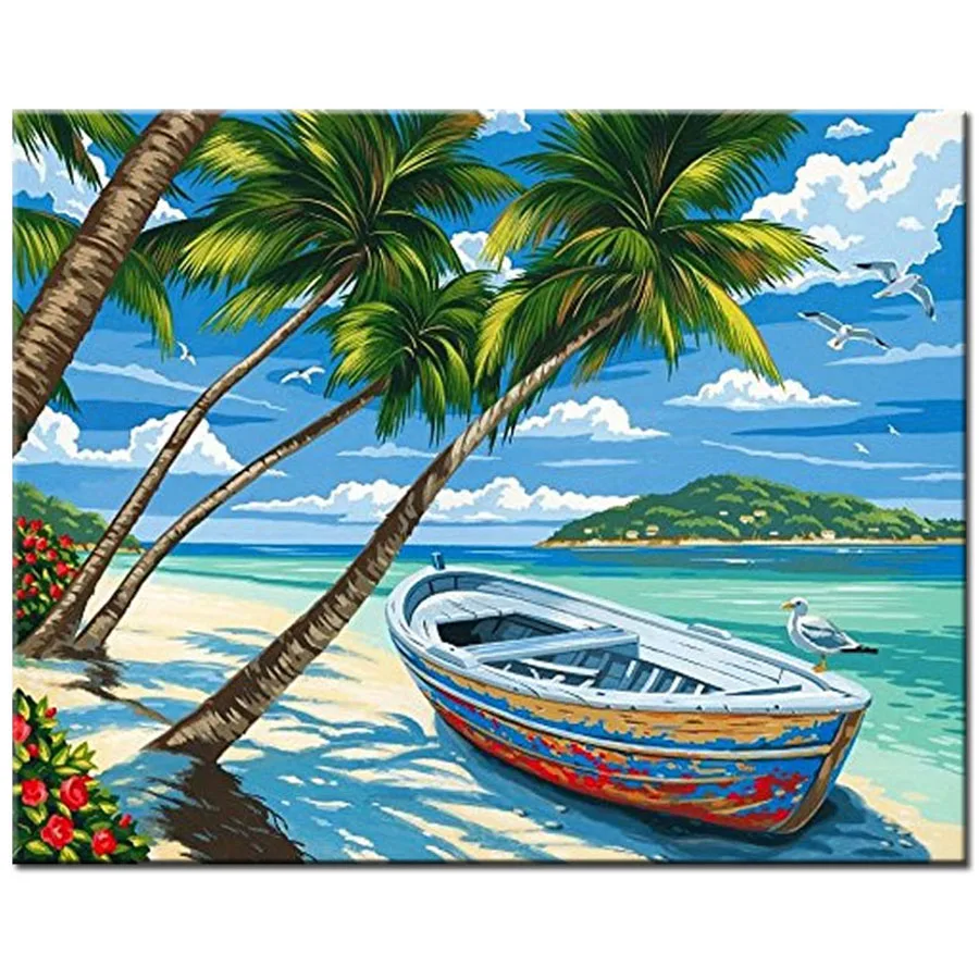 

Seaside coconut trees and boats 5D diamond painting cross stitch diy mosaic picture full diamond embroidery sale mosaic AA1000