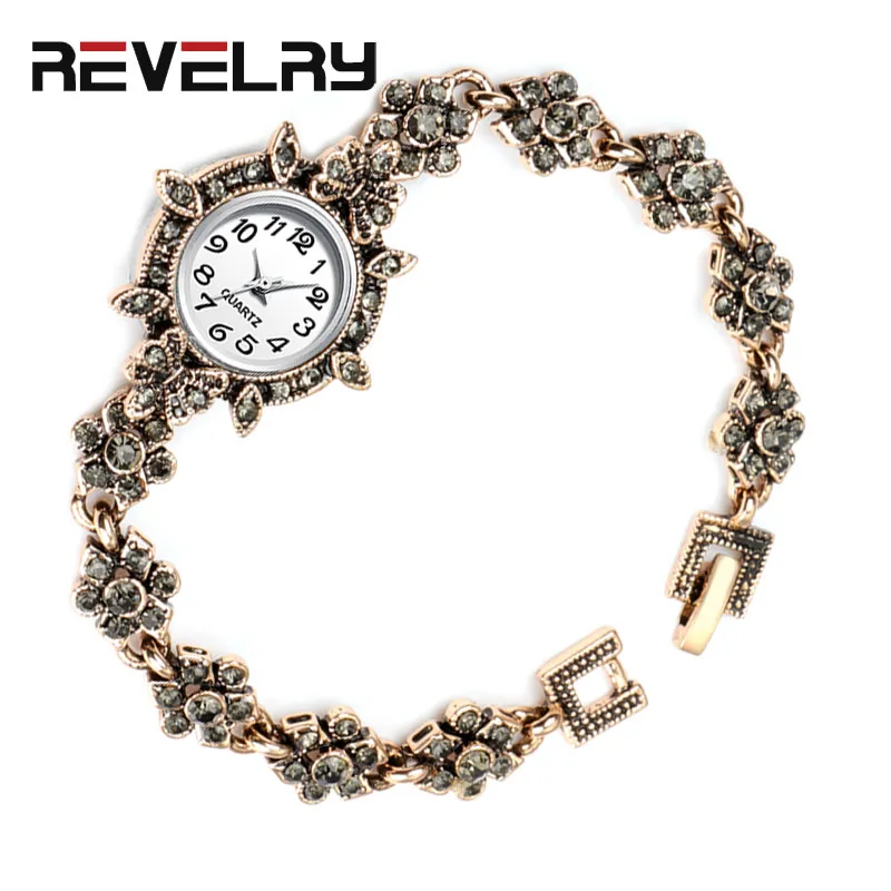Роскошные Брендовые женские кварцевые наручные часы, античное золото, турецкие серые стразы часы с винтажным браслетом, Женские Ювелирные изделия, новинка - Цвет: Белый