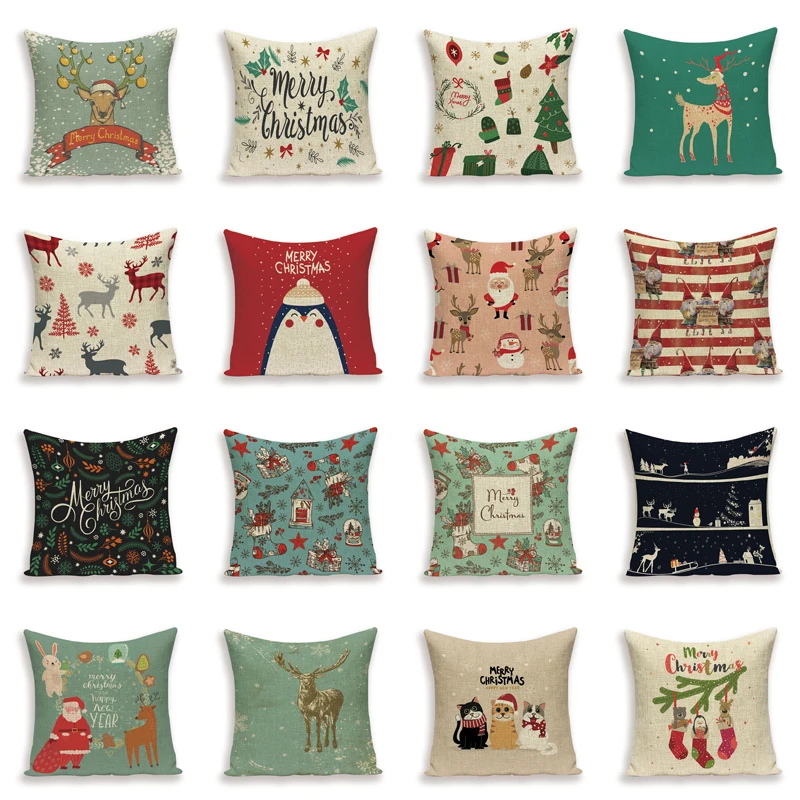 Merry Christmas Cushion Cover Christmas Tree Pillow Case Deer Linen Home Decoration Bed Pillow cases Pillows Cushions Cojin