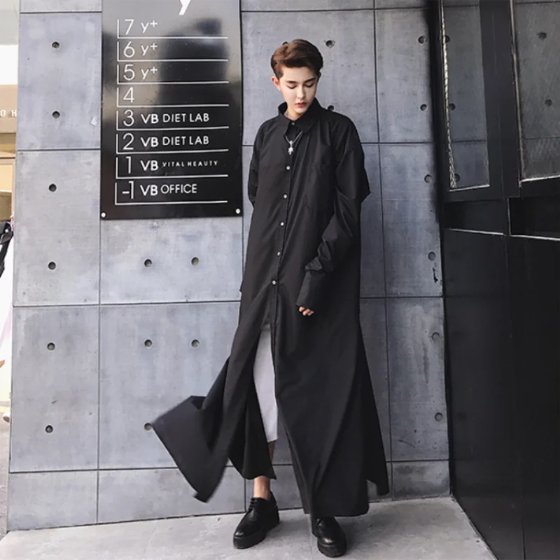 Men's Long Sleeve Shirt Spring And Autumn New Korean Fashion Super Long Personality Bifurcation Design Casual Large Size Shirt