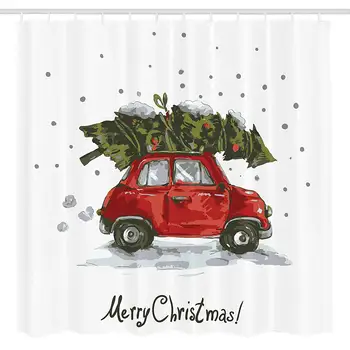 

Christmas Shower Curtain and Bath Sets Farmhouse, Merry Xmas Vintage Pine Tree Retro Red Car Snowy Fabric Bathroom Decoration