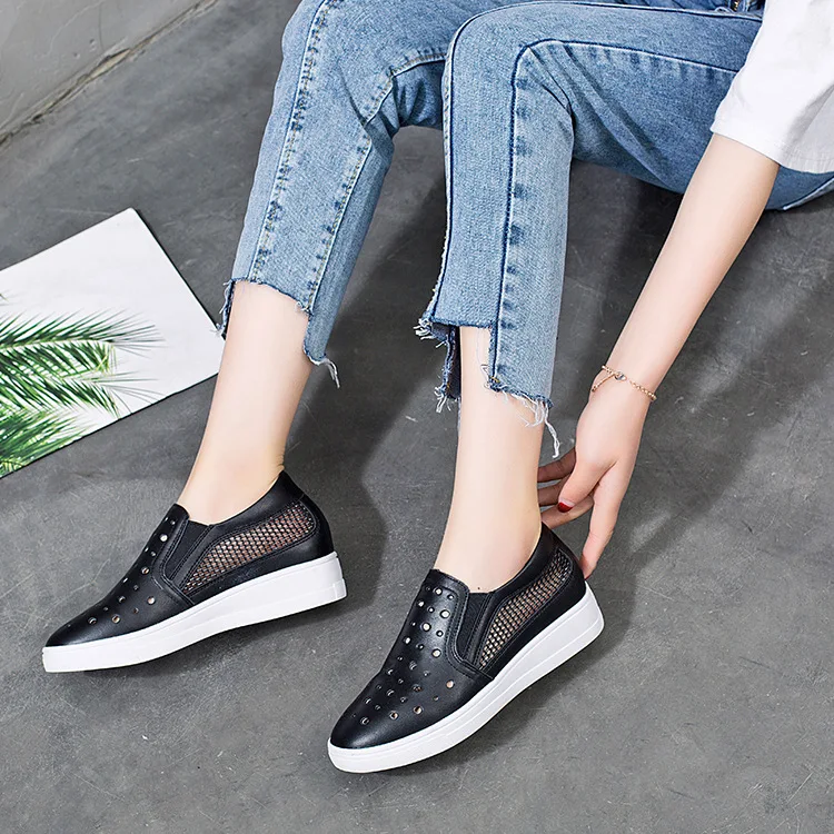 

2019 Summer New Style Hollow out Slip-on Shoes White Elevator WOMEN'S Shoes Genuine Leather Loafers Casual Loafers Women's