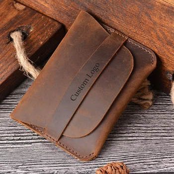 

Custom Logo Genuine Leather Wallet Vintage Crazy Horse Leather Card Holder Wallet Full Grain Leather Short Wallets