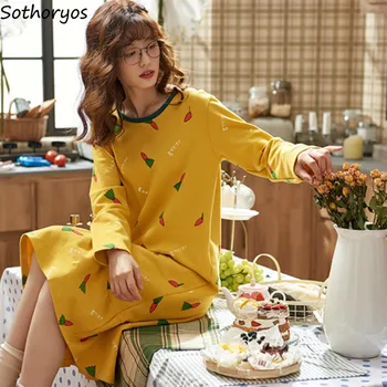

Women Nightgowns Plus Size 3XL New Kawaii Printed Womens Trendy Round Neck Loose Womens Nightdress Students Homewear Simple Chic