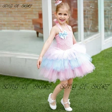 2021 Gradient Color Tulle Wedding Flower Girl Ball Dresses Layered Halter Collar Performance Sleeveless Girls Sequin Gown
