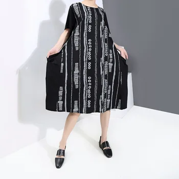 

Summer Round Neck Fashion Loose Long Striped Office Ladies Dress With Pocket Short Sleeve Printing Dresses Leisure Popular