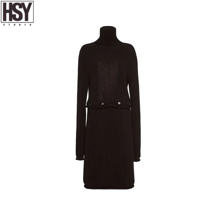 【HSY】 осень зима новые женские модные минималистичные с пуговицами, с высоким вырезом открытая спина полые трикотажные черные свитера платье