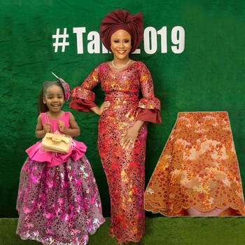 

2019 Hot High Quality African Nigerian Embroidery Sequins Organza French Mesh Net Sequence Lace Fabric for Africa Nigeria Party