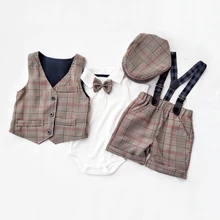 Vestido de cavalheiro, conjunto de roupas de manga curta, 5 peças, colete, alça, chapéu e macacão de algodão, roupas para meninos, 2021