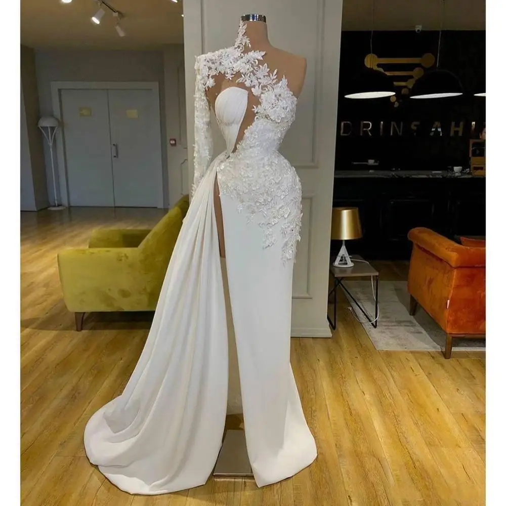 

robe de soriee 2020 Arabic Dubai Exquisite Lace White Evening Party Dresses High Neck One Shoulder Formal Prom Gowns