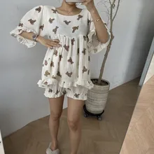 

Cartoon Print Summer Pajamas Set Women Kawaii Funny Printing Home Suit Soft Loose Soft Single Breasted Shirts + Shorts Sets