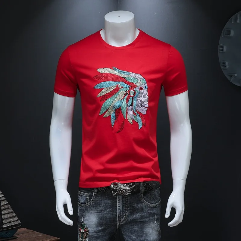 

2019 Indian Embroidery Men T Shirts Short Sleeve Mercerized Cotton O Neck Slim Fit Tee Shirt Homme Camisetas De Verano Hombre