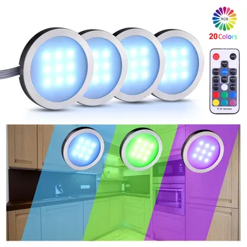 

4/6/8/12 PCS RGB LED Under Cabinet Light Puck Light Kit RF Remote Control Dimmable Cabint Lamp for Kitchen Counter Shelf Lights