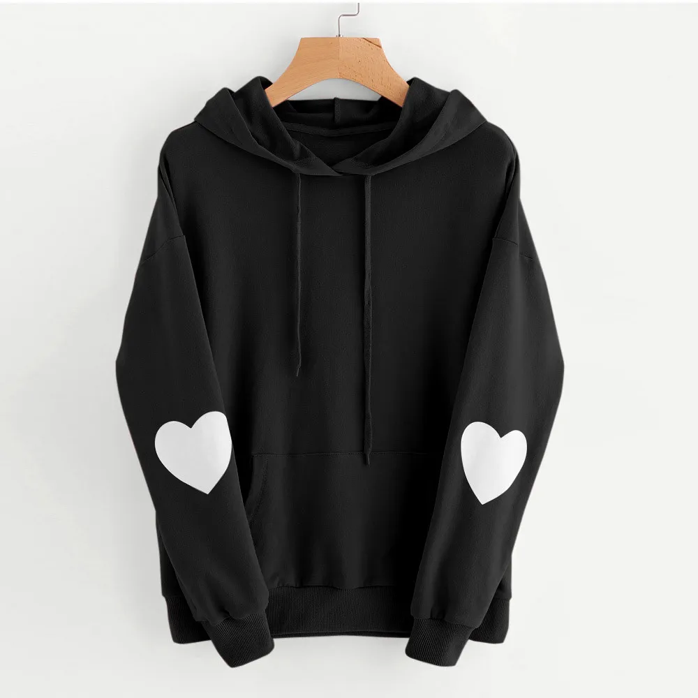 

Kawaii Sweet Hoodie Sweatshirts Women Heart Pattern Long Sleeve Casual Loose Black Pullover Hooded Autumn Winter Female Hoodies