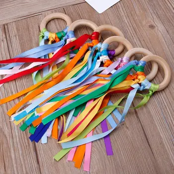 

Rainbow Natural Wooden Ribbon Ring Baby Teether Newborn Sensory Toy Shower Gift