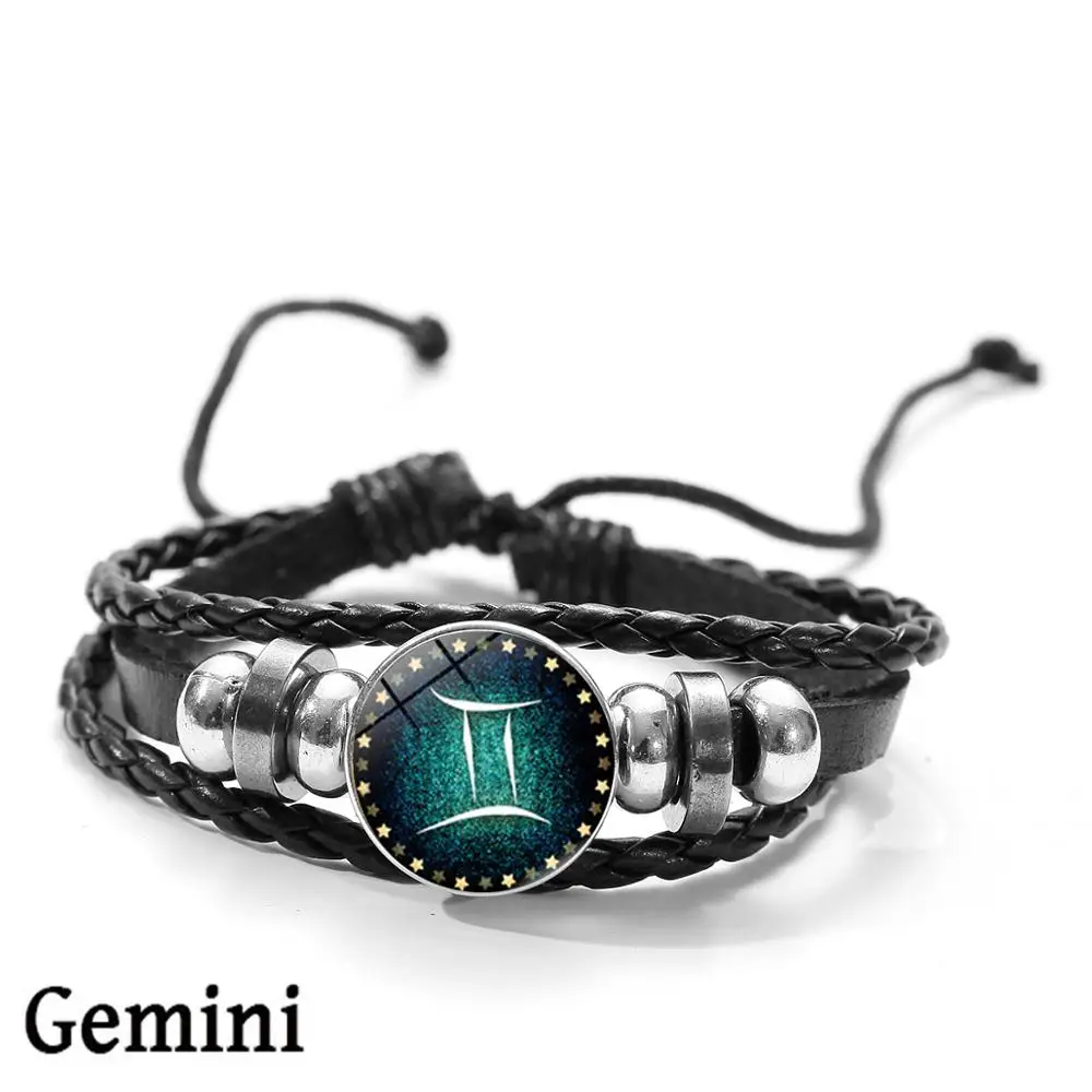 Gemini SONGDA 12 Созвездие зодиака знак Черная Плетеная кожа Браслет Близнецы Рак либра Скорпион Стрелец Козерога кнопка - Окраска металла: Gemini
