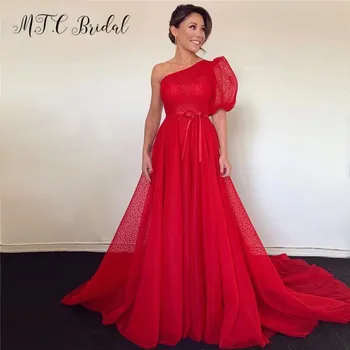 

Gorgeous One Shoulder Long Red Prom Dresses Sweep Train A Line Tulle High Quality Evening Gowns 2019 New Arrival Robe De Soiree