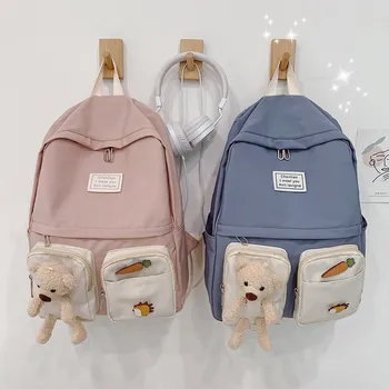 

School Bags For Teenage Girls Casual Women Backpack Multi-pocket Cute With Bear Student Schoolbag High Capacity Nylon Travel Bag