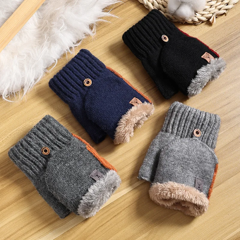 

Gloves Men's Winter Fleece-Lined Half Finger Fluff Open Finger Flip Riding Writing Cold-Proof Knitted Gloves Winter Warm
