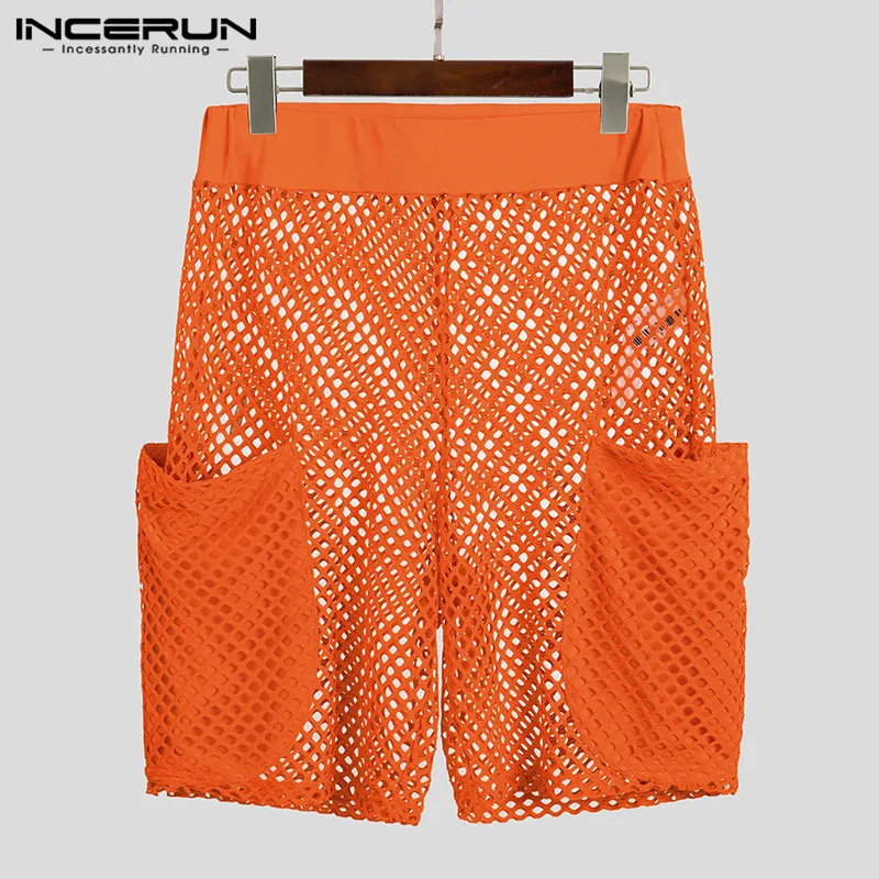 Men Mesh Shorts Casual Pockets See-Through Fashion INCERUN Solid Bottoms Party Sexy S-5XL
